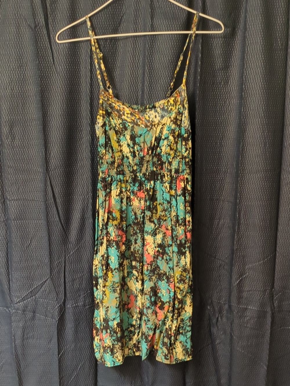 Floral Abstract Print Spaghetti Strap Dress - Teal, Yellow, Coral, Black